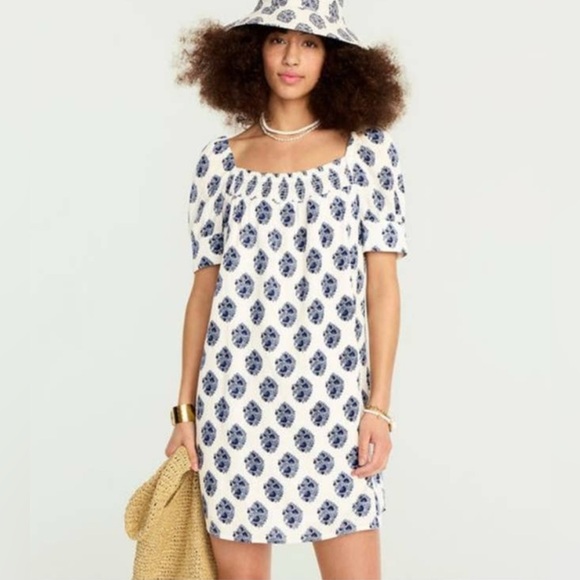 NWT J. Crew Women's Medium Lined Dress Short White Blue Print